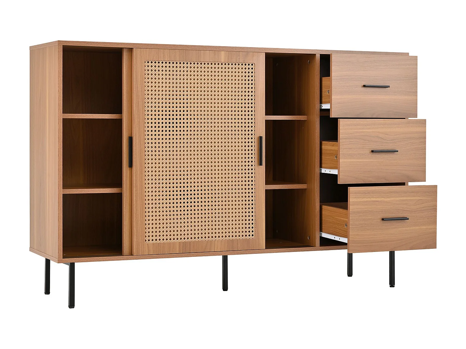 Natuurlijke dressoir met 3 lades en 2 rotan deuren, verstelbare planken - zwarte handgrepen en poten