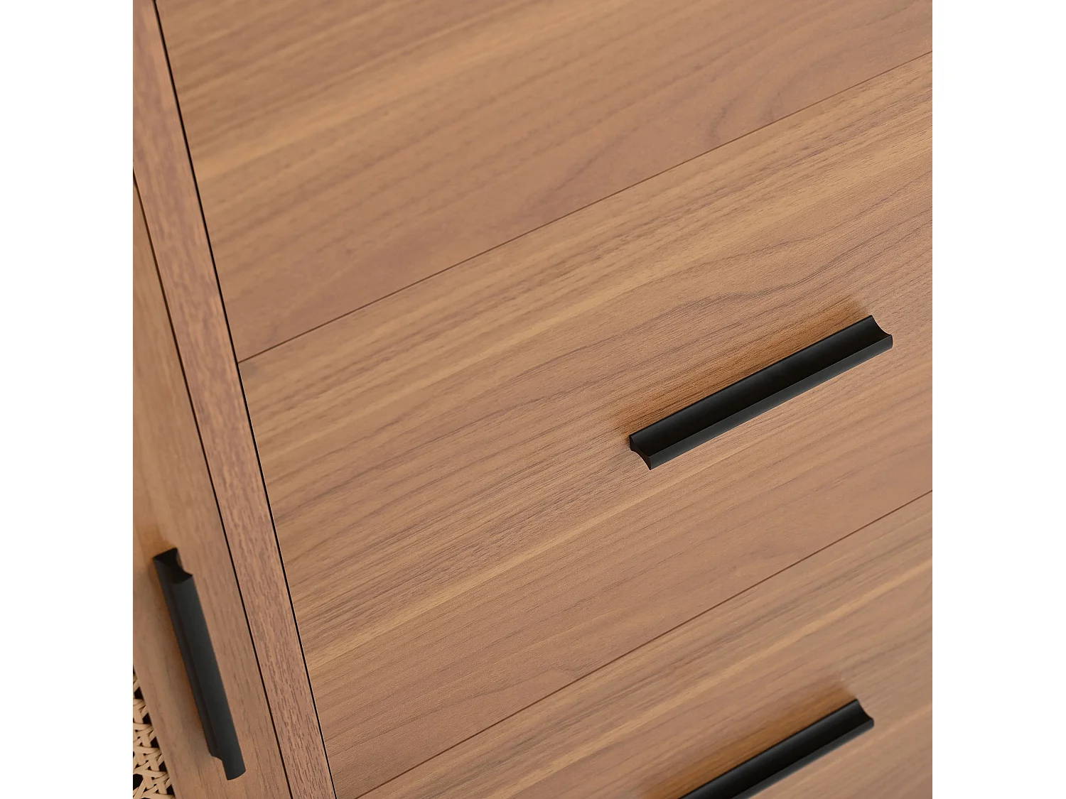 Natuurlijke dressoir met 3 lades en 2 rotan deuren, verstelbare planken - zwarte handgrepen en poten