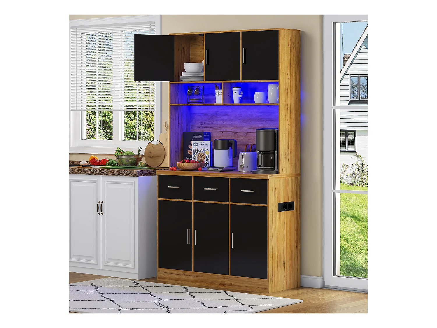 Buffet haut avec éclairage LED, 6 portes noires et 3 tiroirs de rangement - naturel