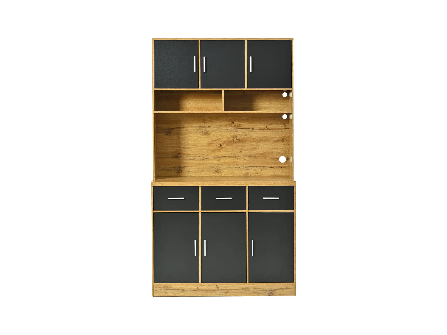 Buffet haut avec éclairage LED, 6 portes noires et 3 tiroirs de rangement - naturel