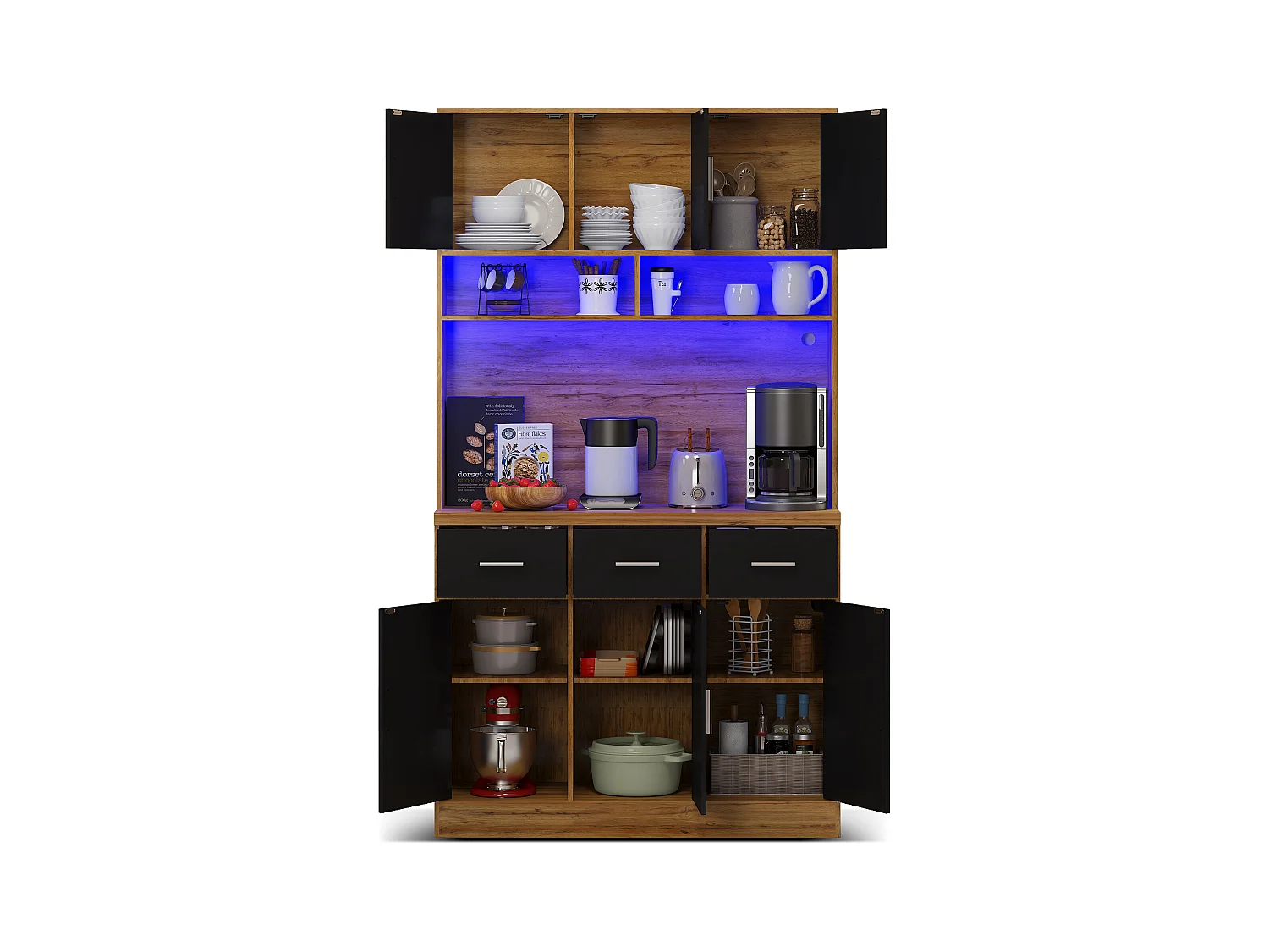 Buffet haut avec éclairage LED, 6 portes noires et 3 tiroirs de rangement - naturel