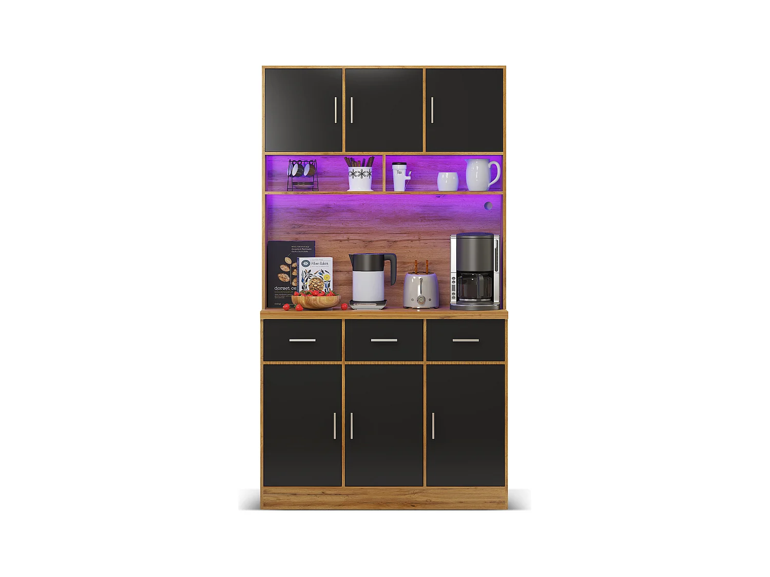 Buffet haut avec éclairage LED, 6 portes noires et 3 tiroirs de rangement - naturel