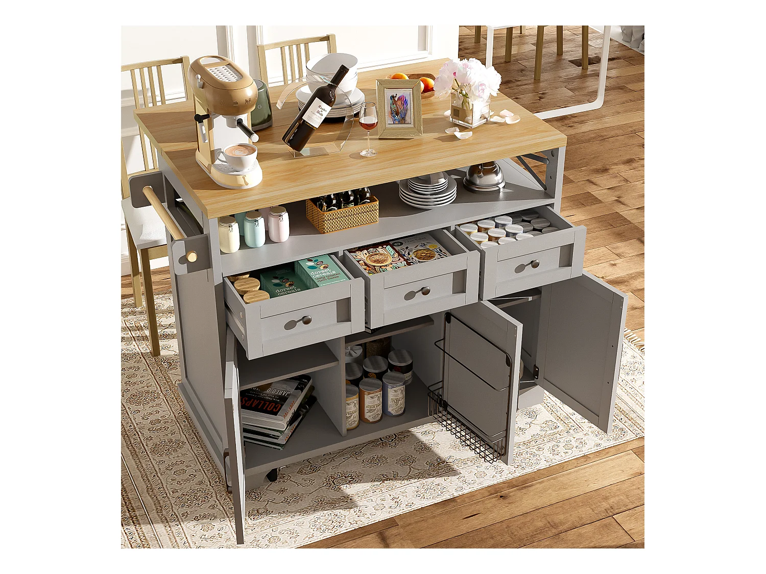 Îlot central gris avec comptoir en grain de bois, 3 tiroirs de rangement et 3 portes