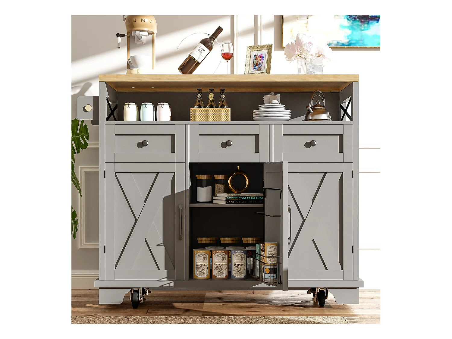 Îlot central gris avec comptoir en grain de bois, 3 tiroirs de rangement et 3 portes