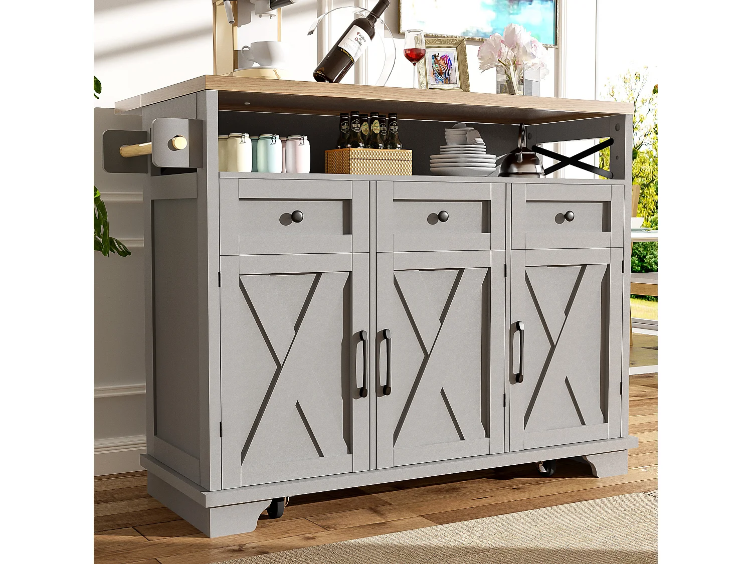 Îlot central gris avec comptoir en grain de bois, 3 tiroirs de rangement et 3 portes