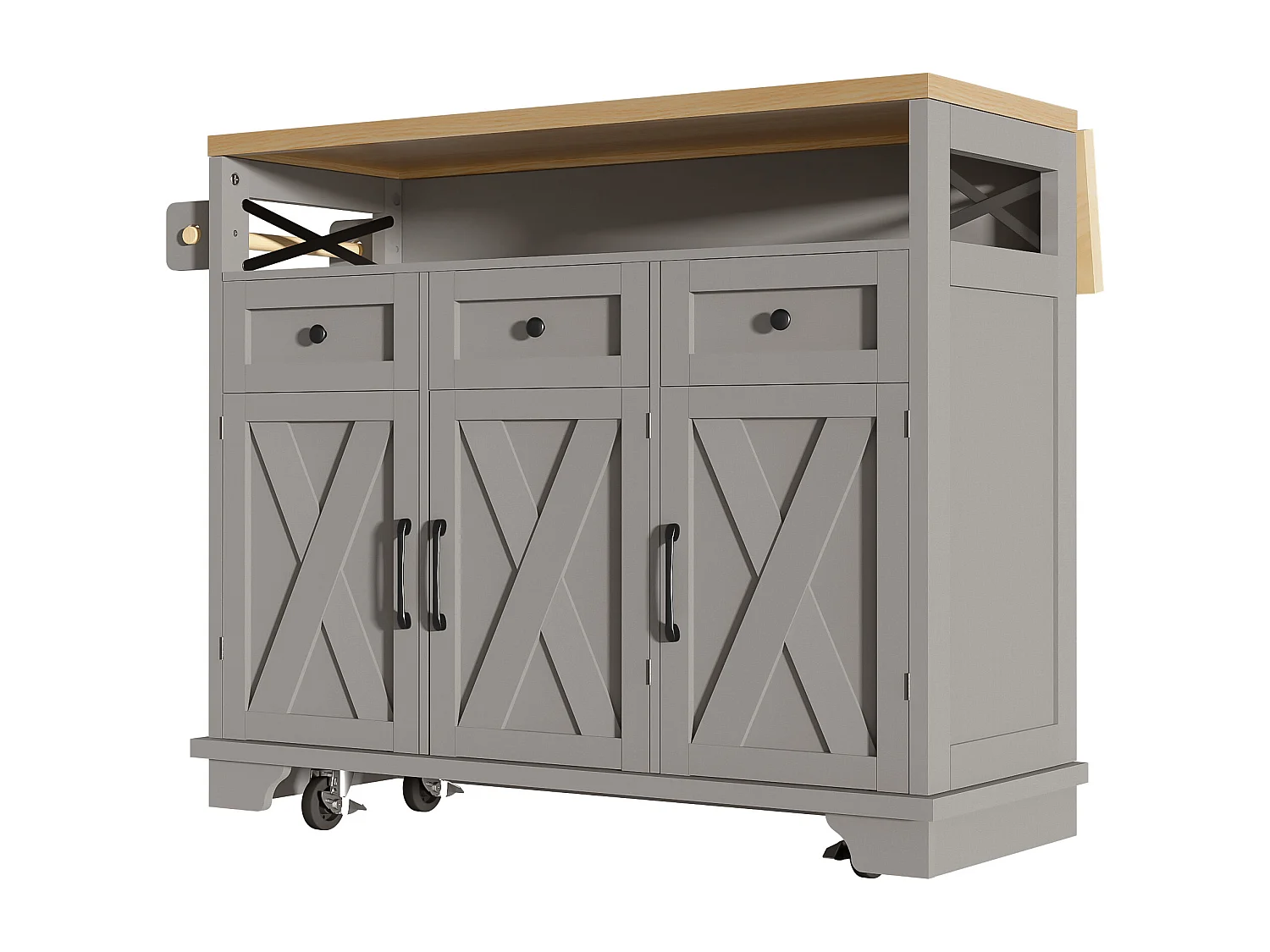 Îlot central gris avec comptoir en grain de bois, 3 tiroirs de rangement et 3 portes