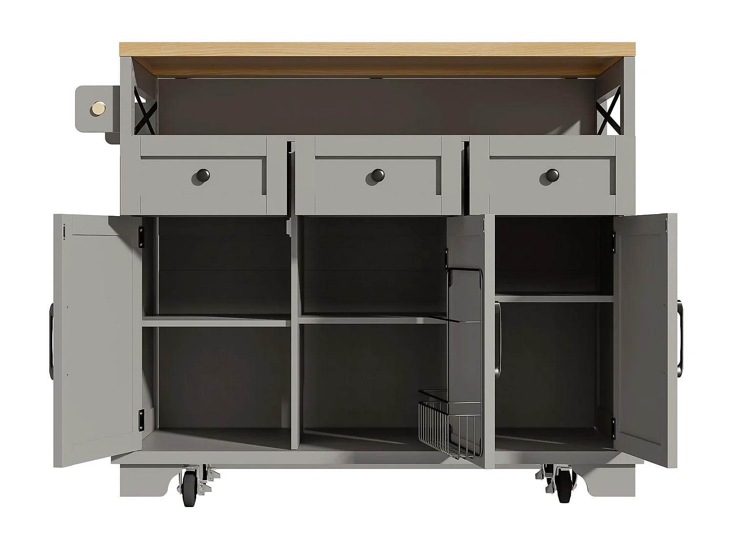 Îlot central gris avec comptoir en grain de bois, 3 tiroirs de rangement et 3 portes