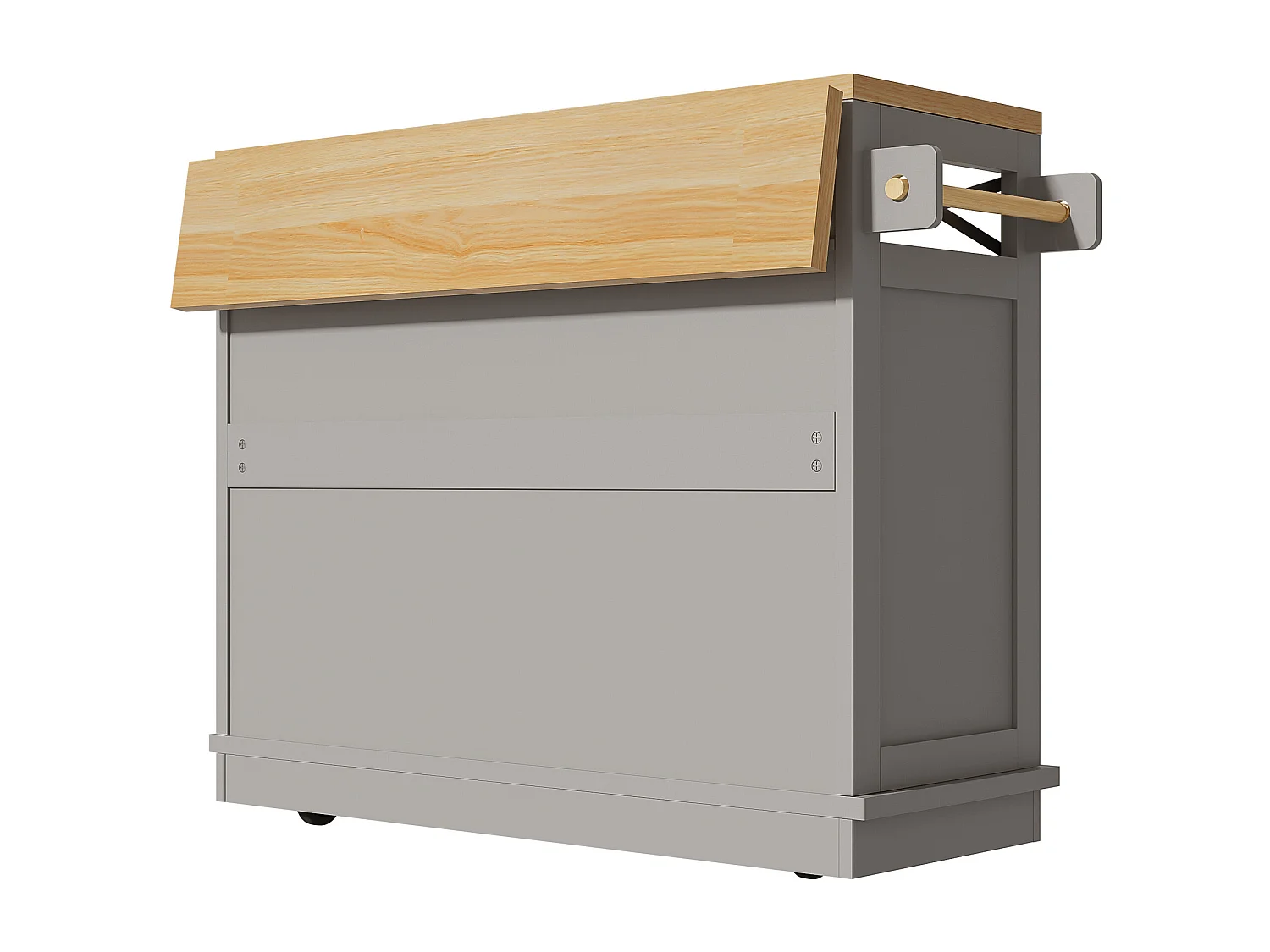 Îlot central gris avec comptoir en grain de bois, 3 tiroirs de rangement et 3 portes