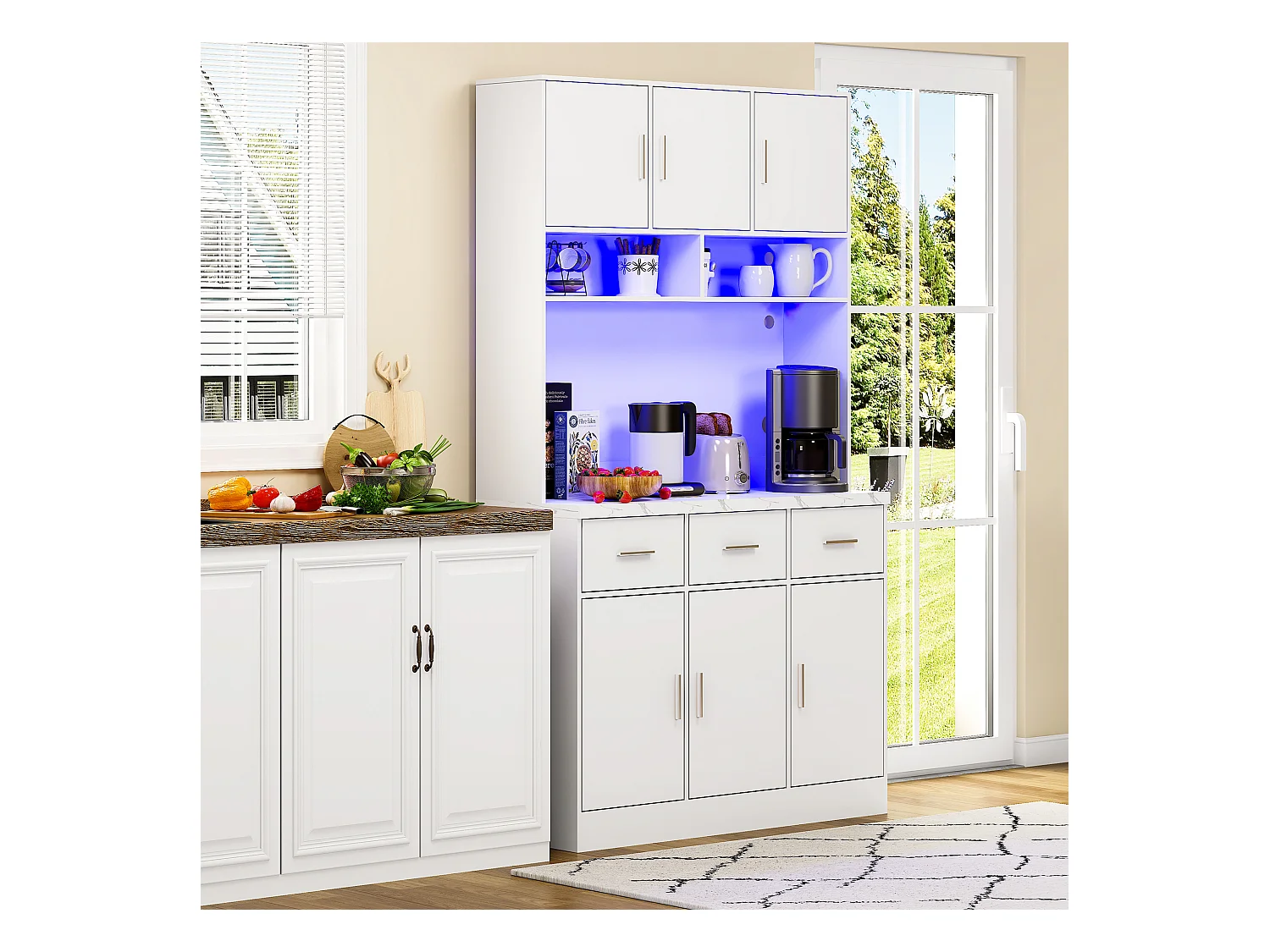 Buffet haut avec éclairage LED, 6 portes et 3 tiroirs de rangement - blanc