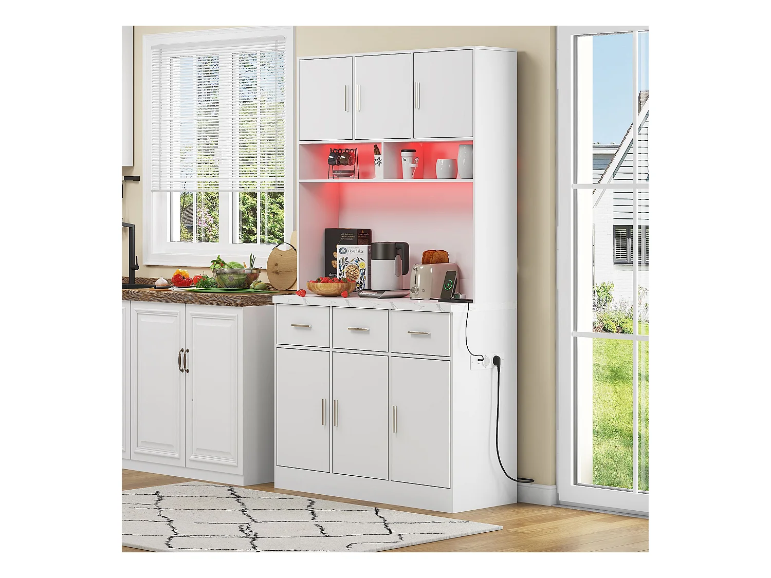 Buffet haut avec éclairage LED, 6 portes et 3 tiroirs de rangement - blanc