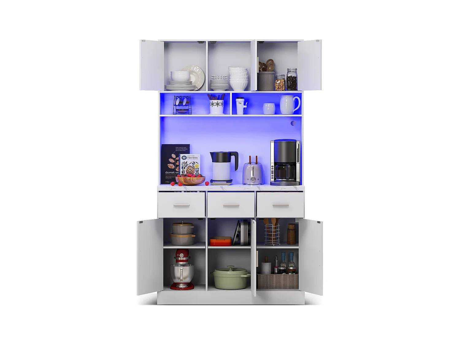 Buffet haut avec éclairage LED, 6 portes et 3 tiroirs de rangement - blanc
