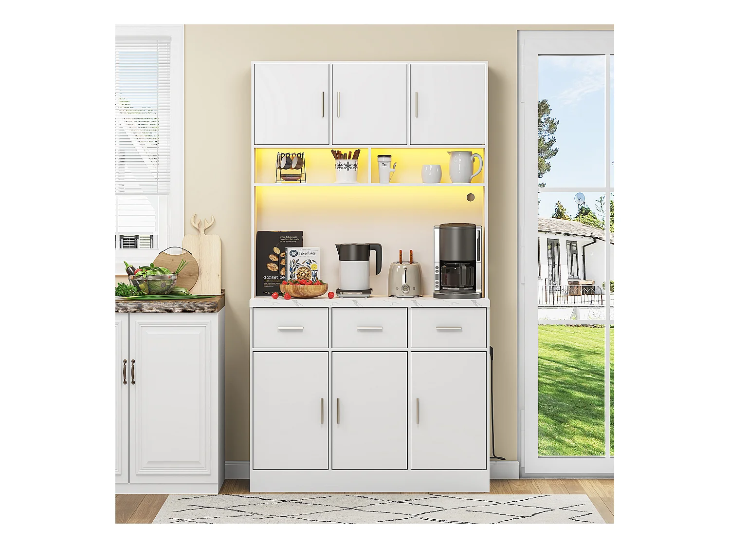 Buffet haut avec éclairage LED, 6 portes et 3 tiroirs de rangement - blanc