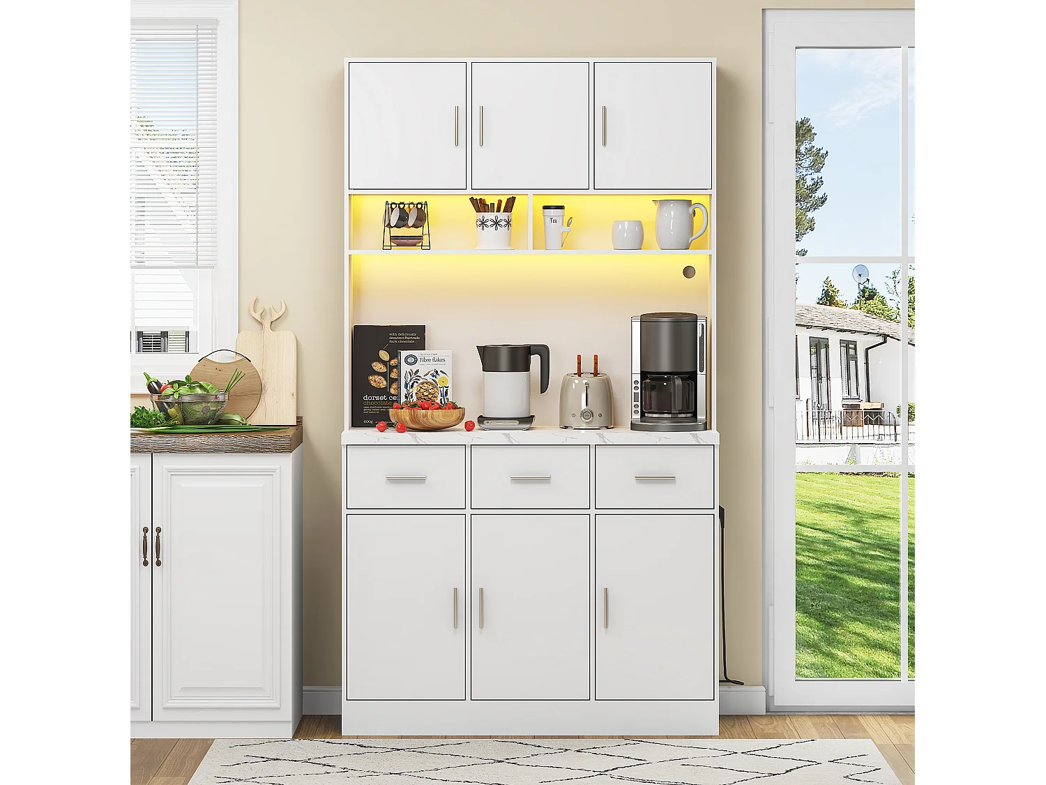 Buffet haut avec éclairage LED, 6 portes et 3 tiroirs de rangement - blanc