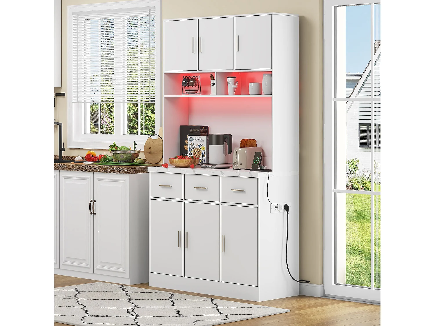 Buffet haut avec éclairage LED, 6 portes et 3 tiroirs de rangement - blanc