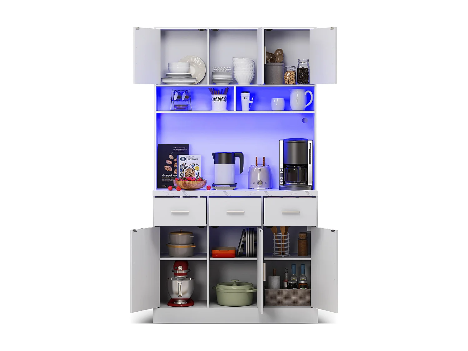 Buffet haut avec éclairage LED, 6 portes et 3 tiroirs de rangement - blanc