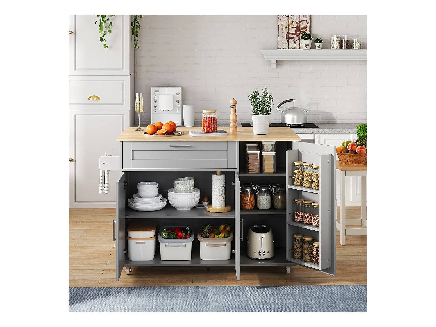 Îlot de cuisine mobile avec plateau pliant et étagère à épices, 5 roulettes - gris