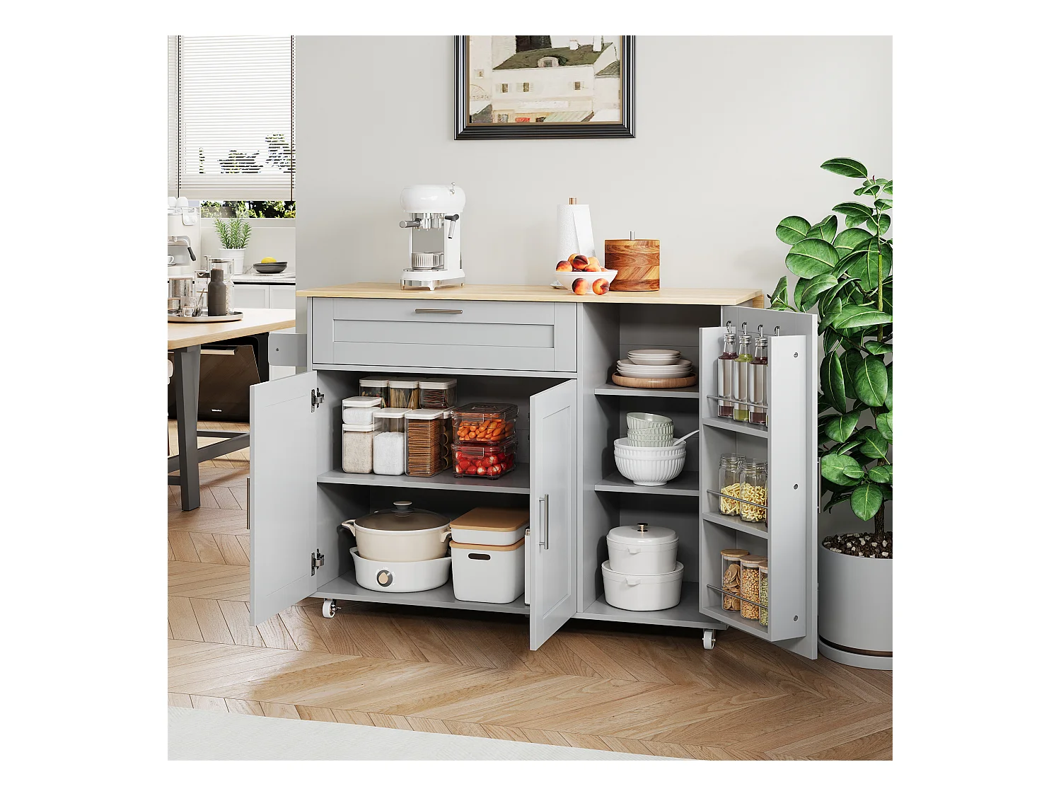 Îlot de cuisine mobile avec plateau pliant et étagère à épices, 5 roulettes - gris