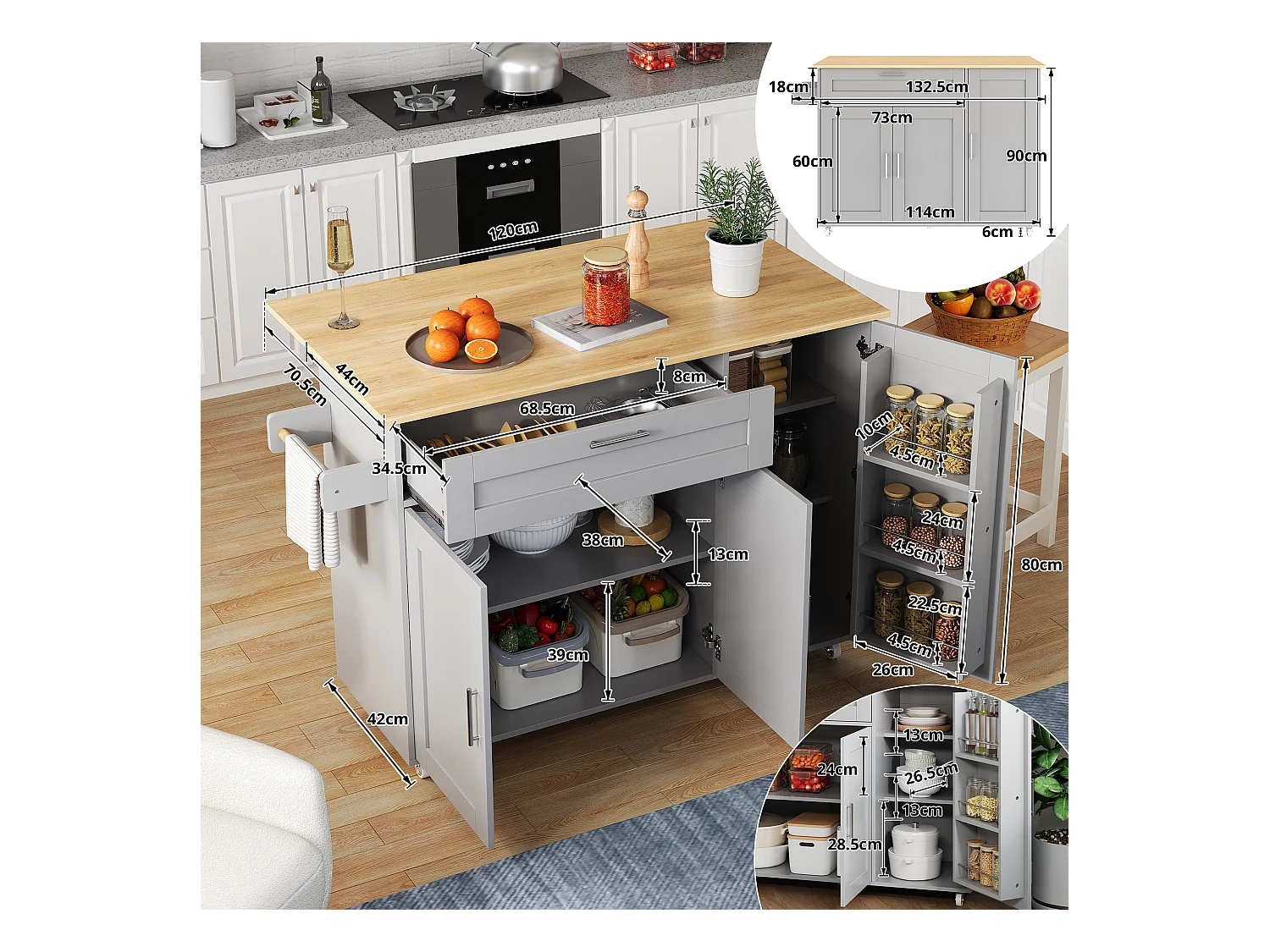 Îlot de cuisine mobile avec plateau pliant et étagère à épices, 5 roulettes - gris