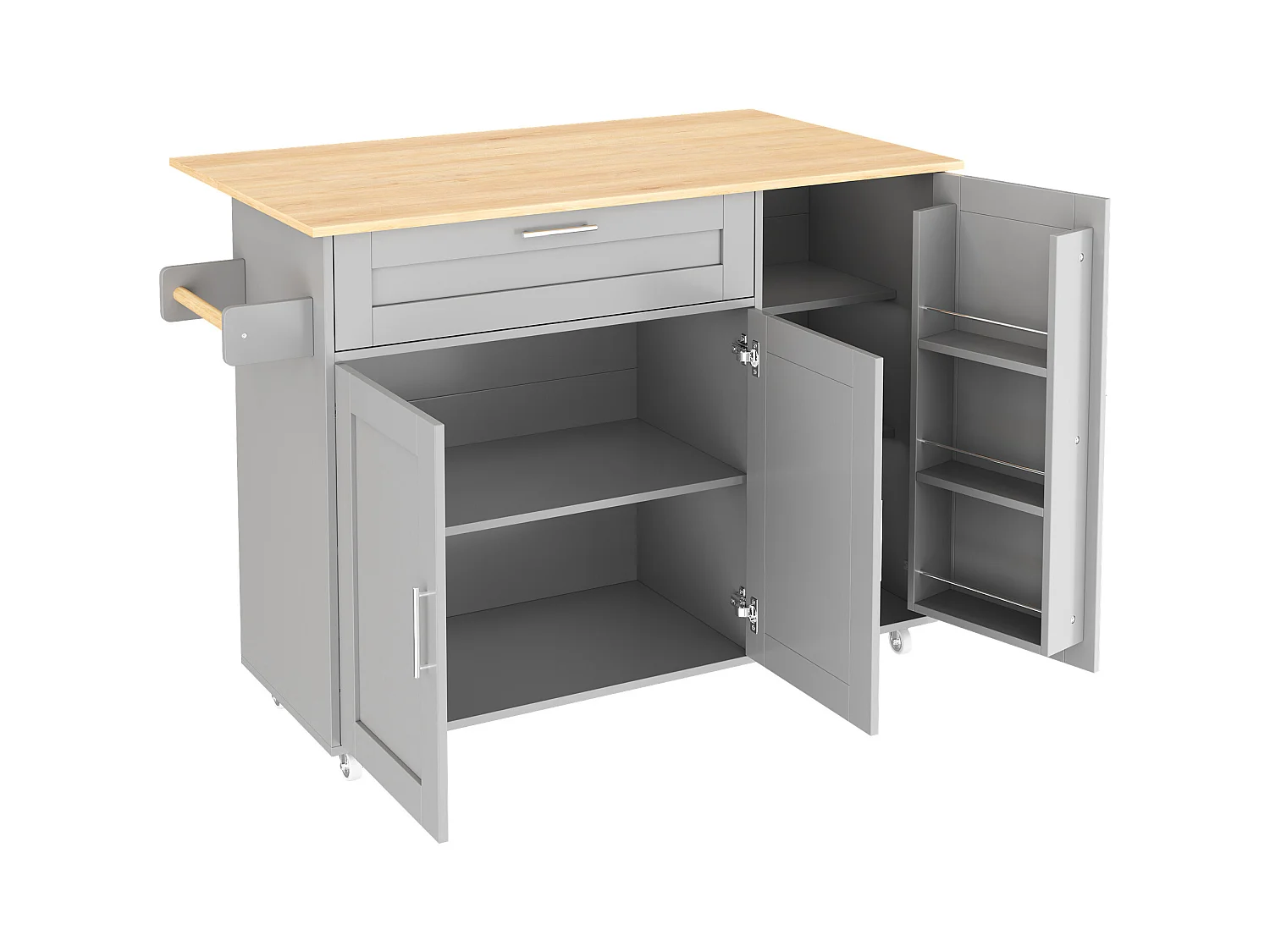 Îlot de cuisine mobile avec plateau pliant et étagère à épices, 5 roulettes - gris