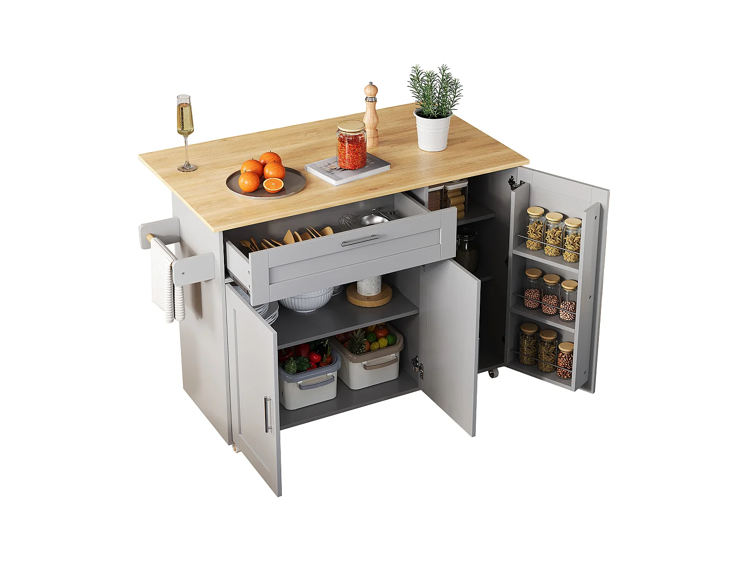 Îlot de cuisine mobile avec plateau pliant et étagère à épices, 5 roulettes - gris