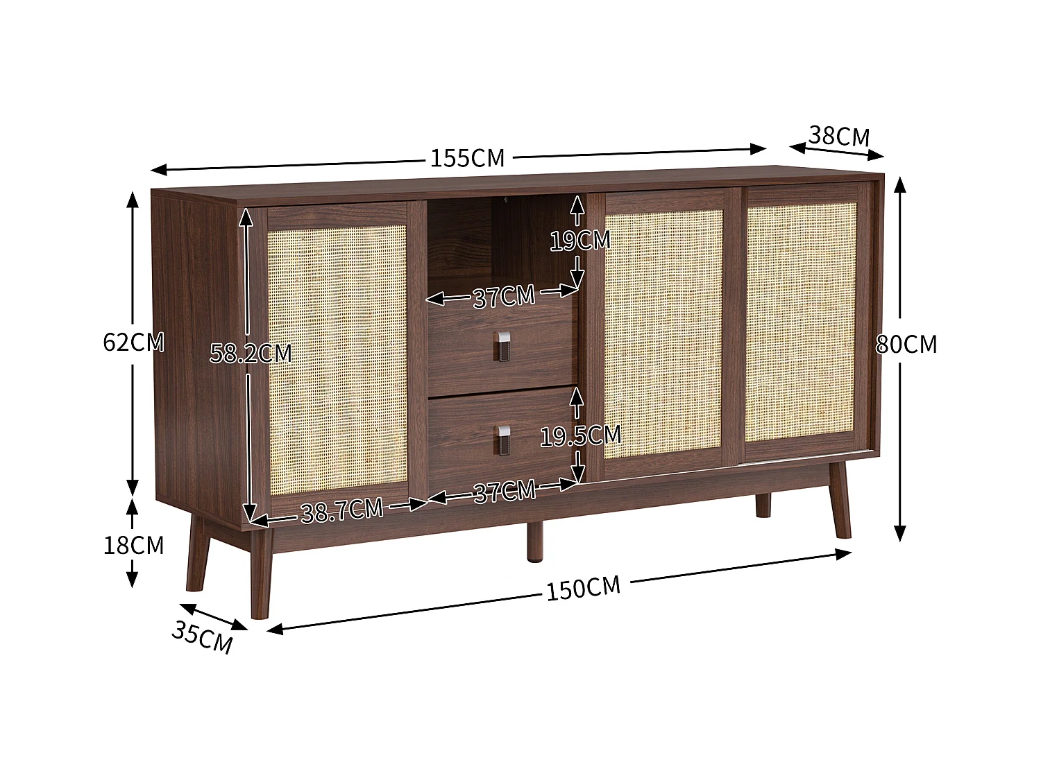 Buffet naturel foncé avec 3 portes en rotin et 2 tiroirs de rangement - pour salon