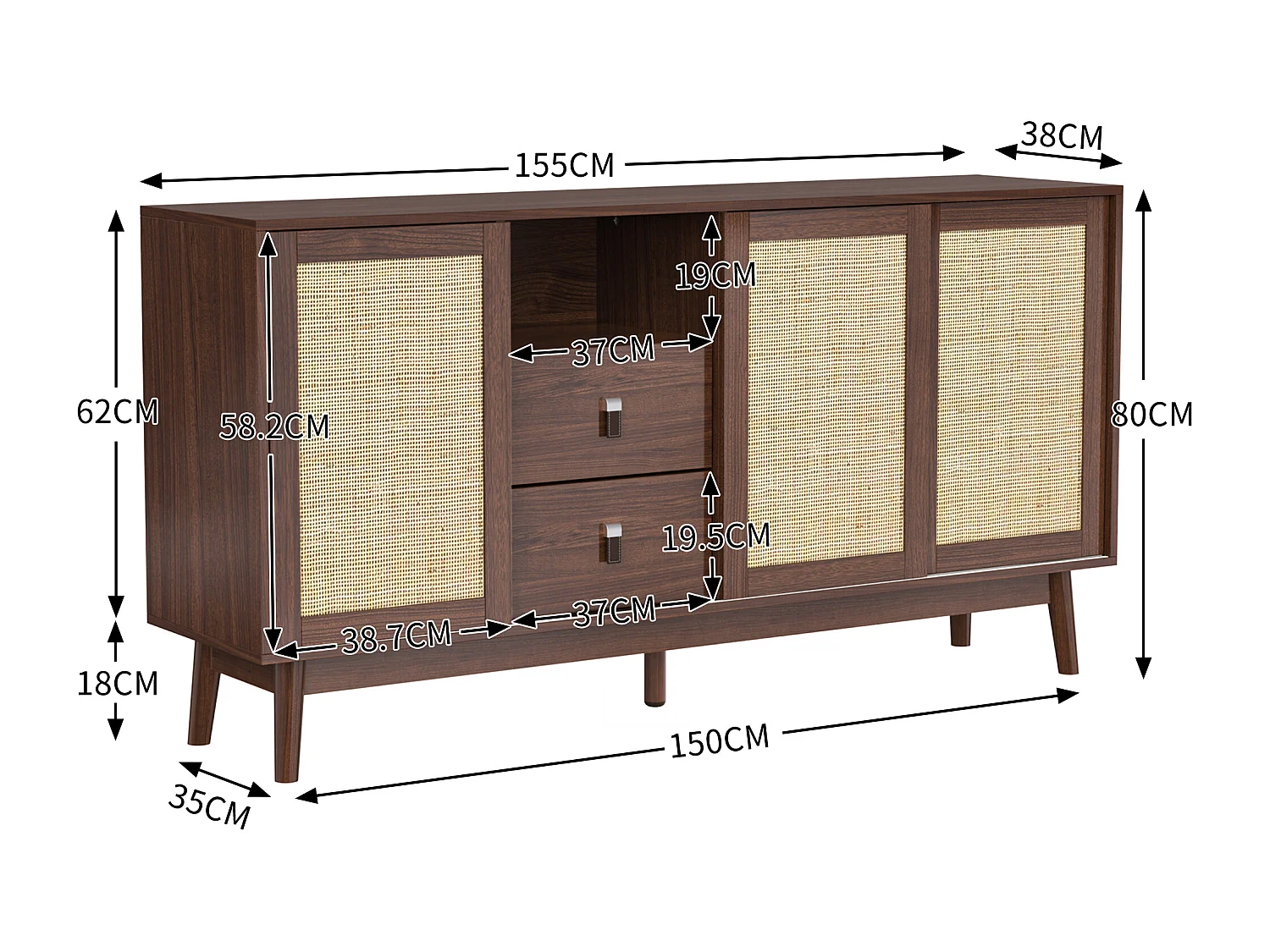Buffet naturel foncé avec 3 portes en rotin et 2 tiroirs de rangement - pour salon