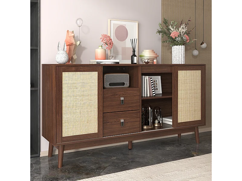 Credenza in legno naturale scuro con 3 ante in rattan e 2 cassetti portaoggetti - adatta al soggiorno