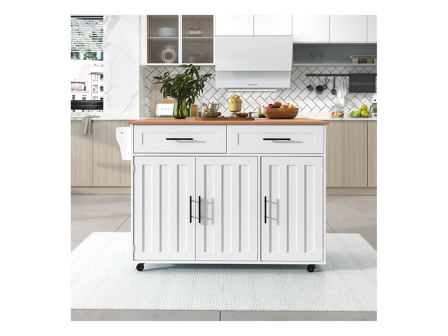 Îlot central mobile avec plateau rabattable, 3 portes et 2 tiroirs de rangement - Blanc