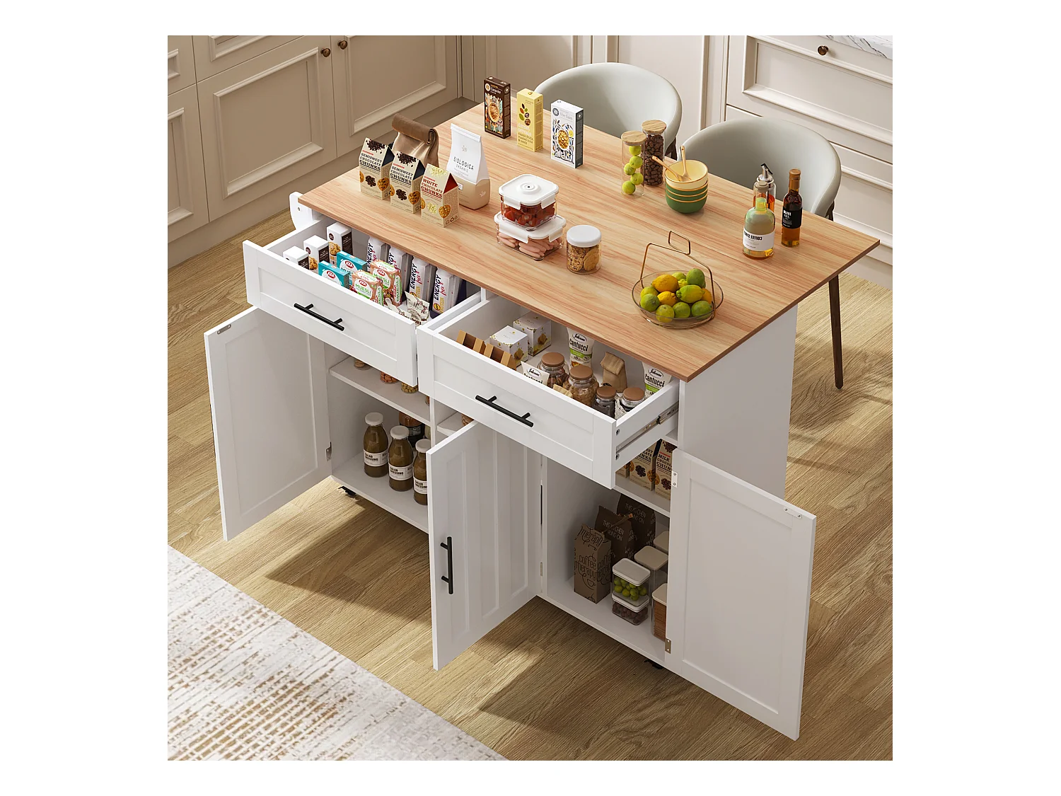 Îlot central mobile avec plateau rabattable, 3 portes et 2 tiroirs de rangement - Blanc