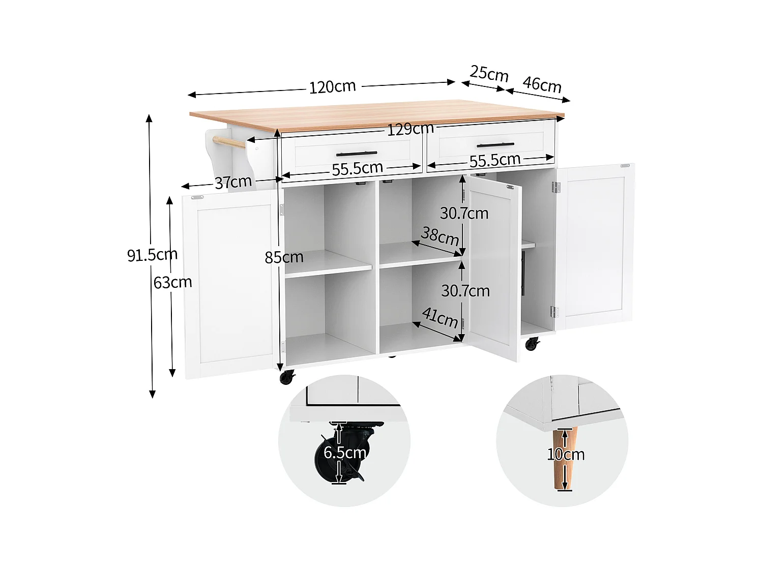 Îlot central mobile avec plateau rabattable, 3 portes et 2 tiroirs de rangement - Blanc