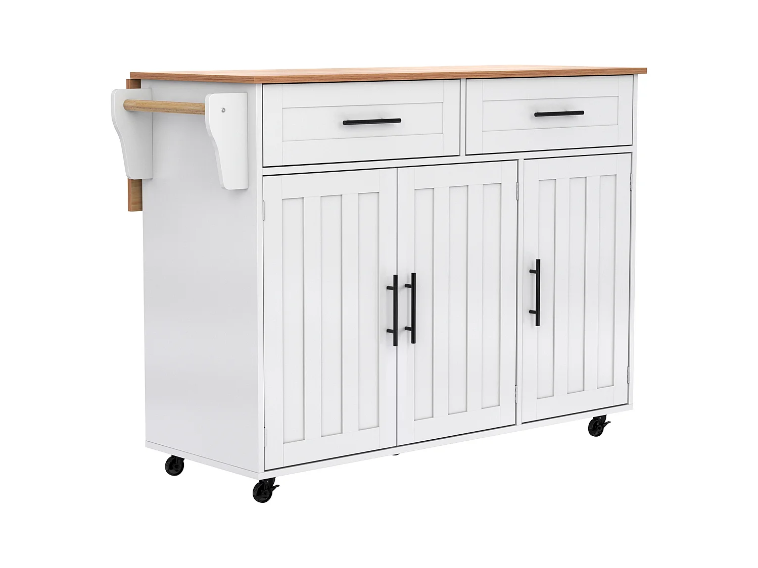 Îlot central mobile avec plateau rabattable, 3 portes et 2 tiroirs de rangement - Blanc