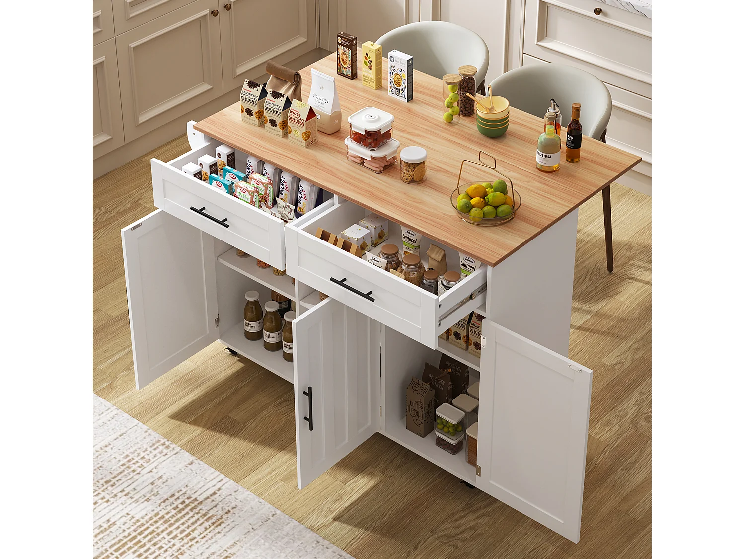 Îlot central mobile avec plateau rabattable, 3 portes et 2 tiroirs de rangement - Blanc