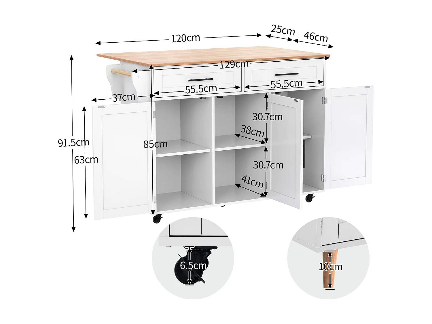 Îlot central mobile avec plateau rabattable, 3 portes et 2 tiroirs de rangement - Blanc