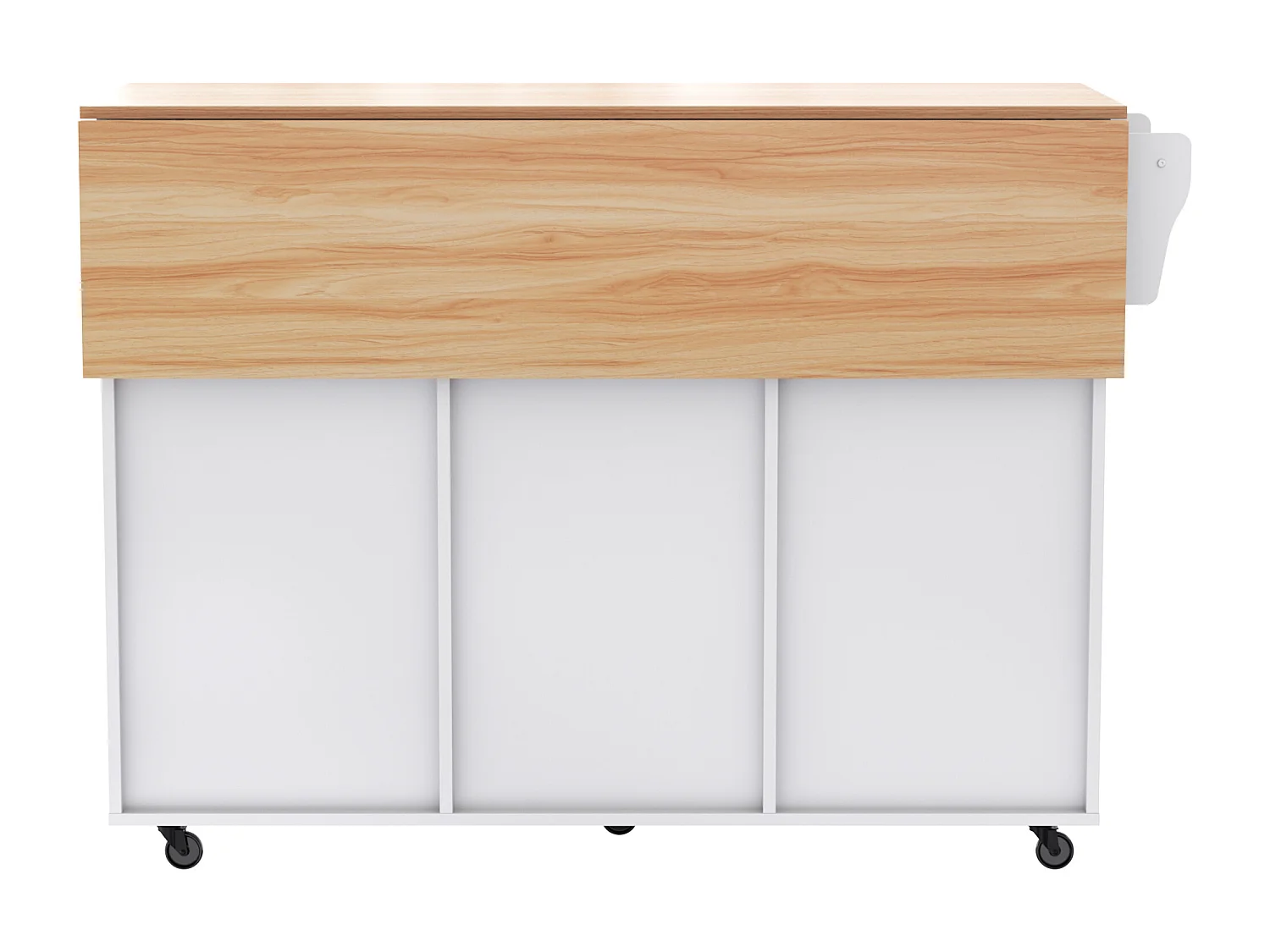 Îlot central mobile avec plateau rabattable, 3 portes et 2 tiroirs de rangement - Blanc