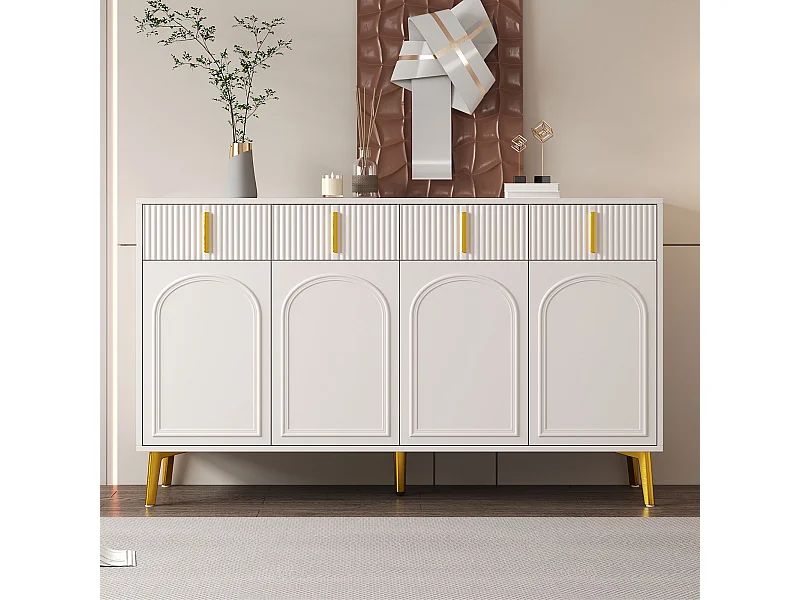 Buffet blanc avec 4 portes et 4 tiroirs de rangement, poignées et pieds dorés