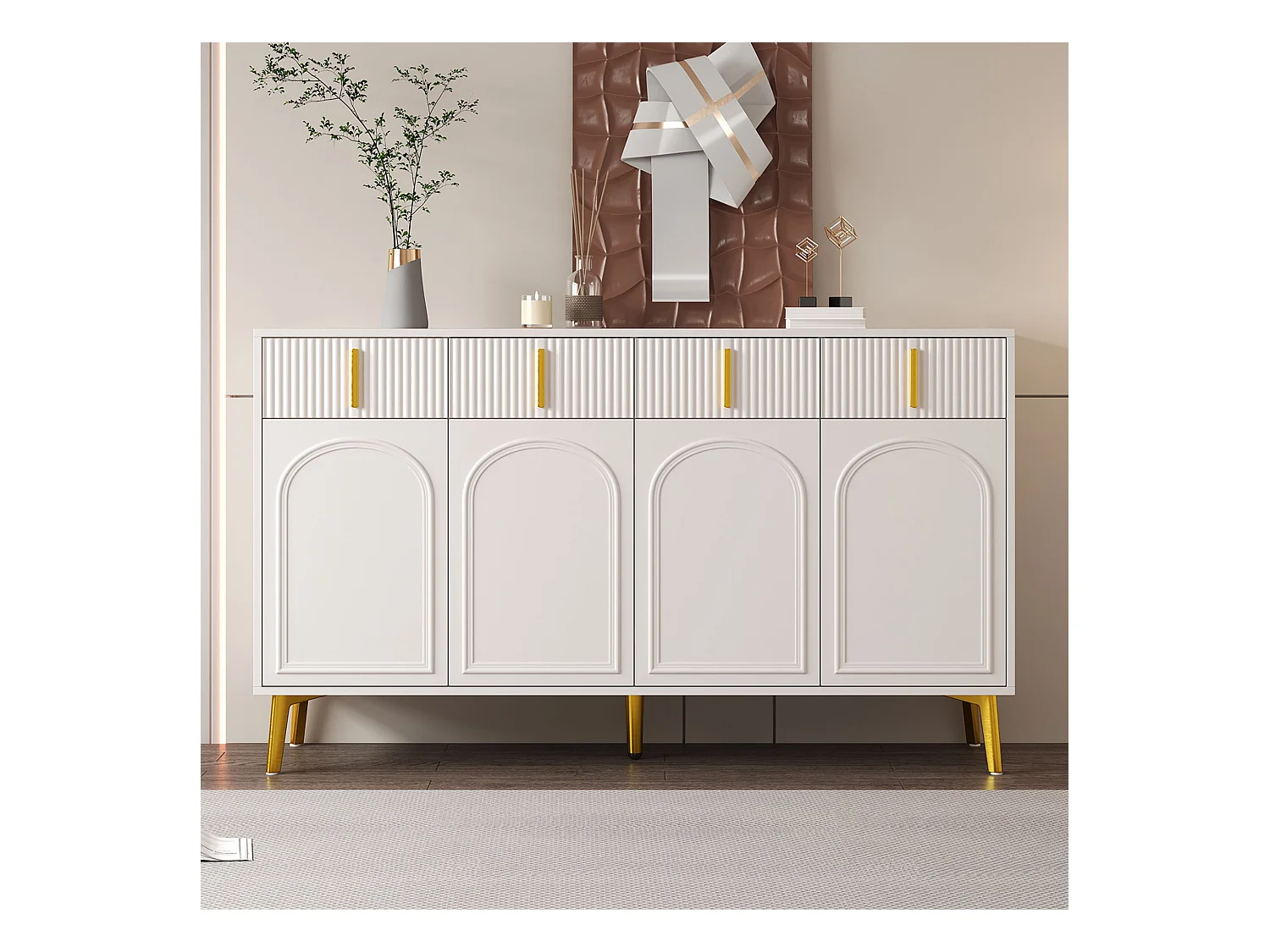 Buffet blanc avec 4 portes et 4 tiroirs de rangement, poignées et pieds dorés