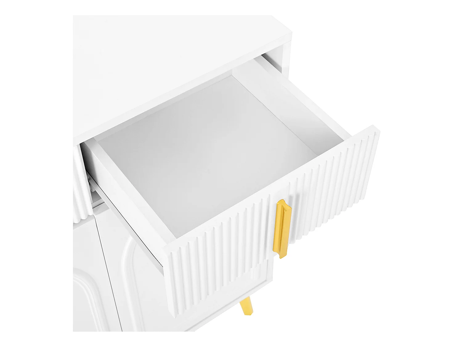 Buffet blanc avec 4 portes et 4 tiroirs de rangement, poignées et pieds dorés