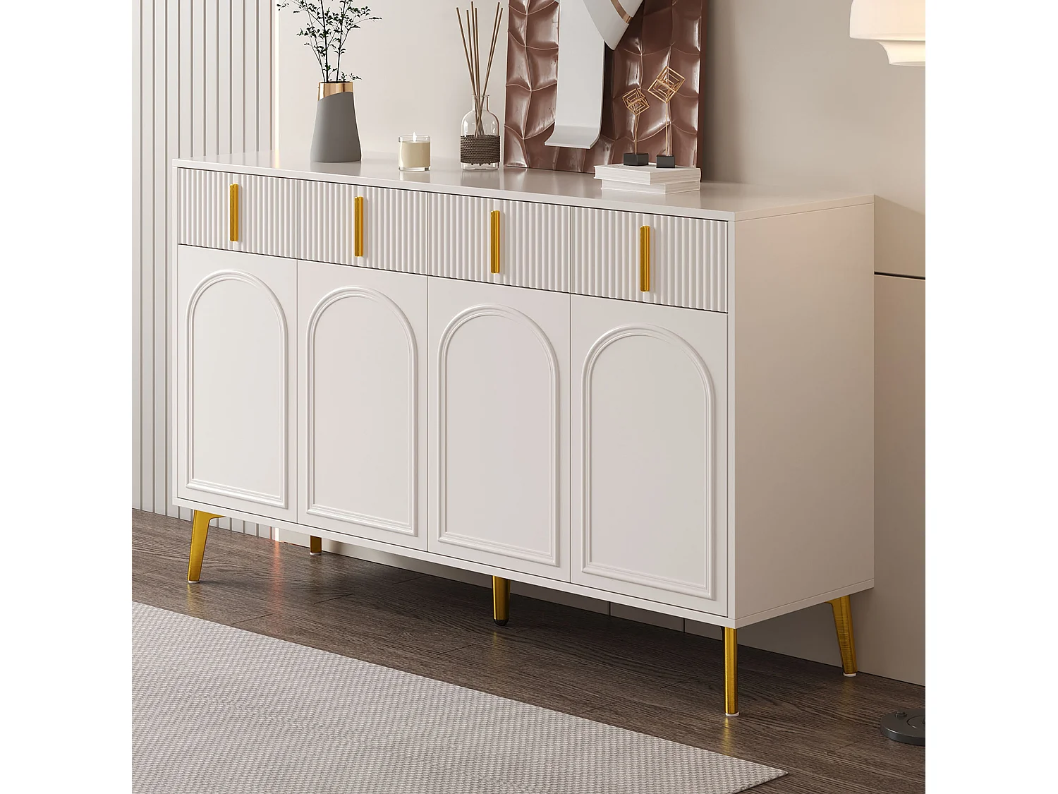 Credenza bianca con 4 ante e 4 cassetti contenitori, maniglie e gambe dorate
