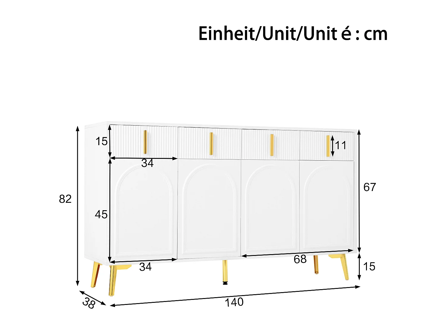 Credenza bianca con 4 ante e 4 cassetti contenitori, maniglie e gambe dorate