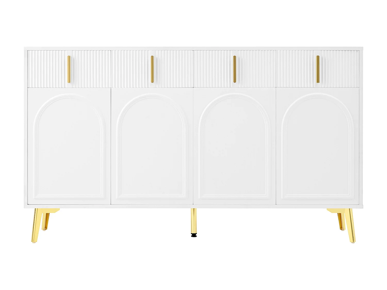 Credenza bianca con 4 ante e 4 cassetti contenitori, maniglie e gambe dorate