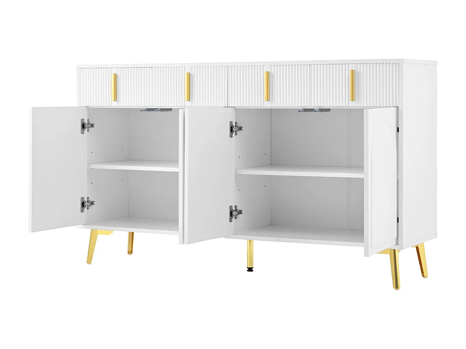 Credenza bianca con 4 ante e 4 cassetti contenitori, maniglie e gambe dorate