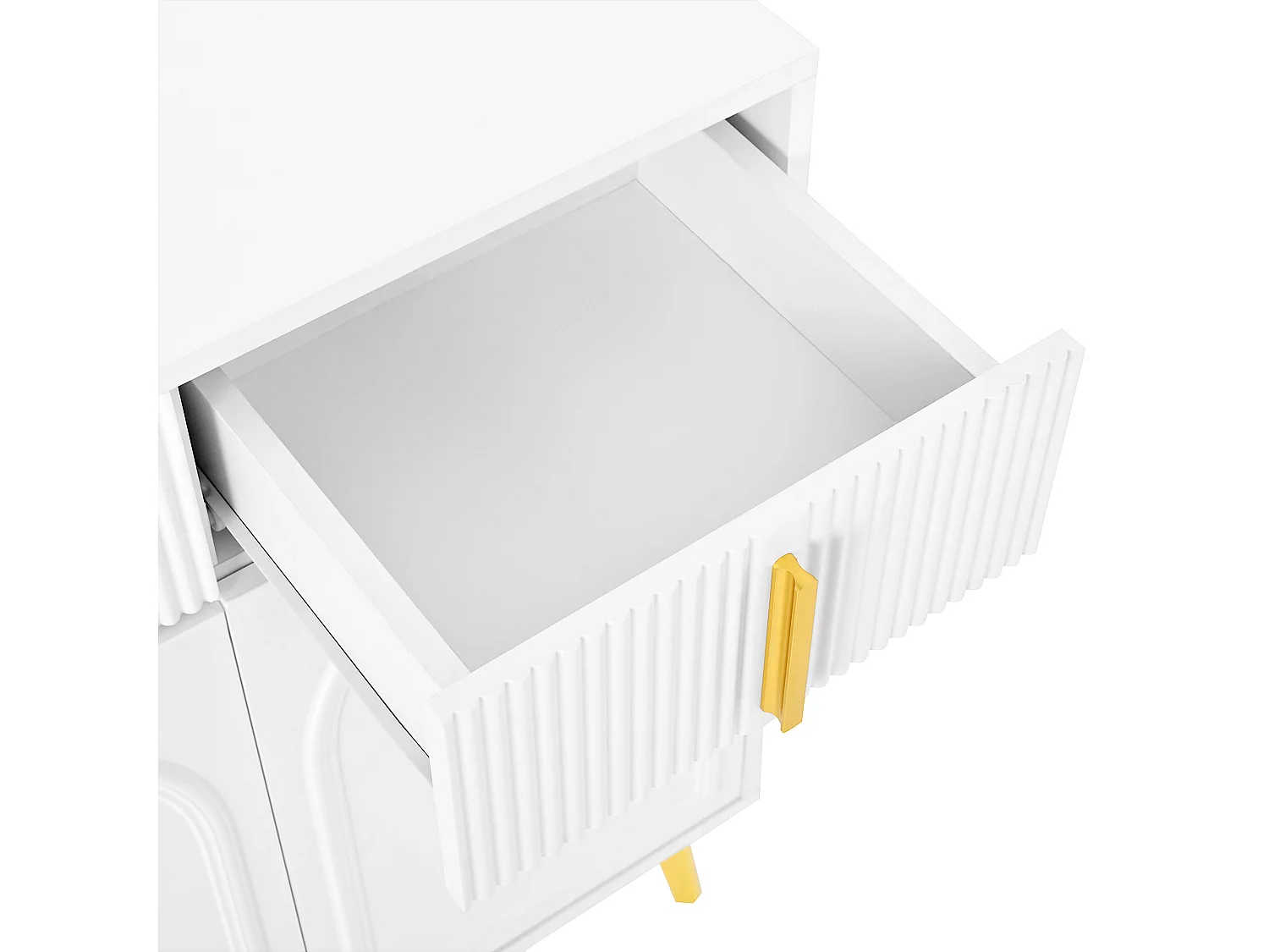 Credenza bianca con 4 ante e 4 cassetti contenitori, maniglie e gambe dorate