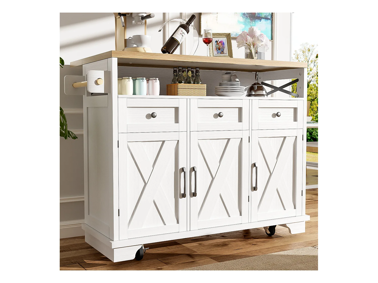 Îlot central blanc avec comptoir en grain de bois, 3 tiroirs de rangement et 3 portes