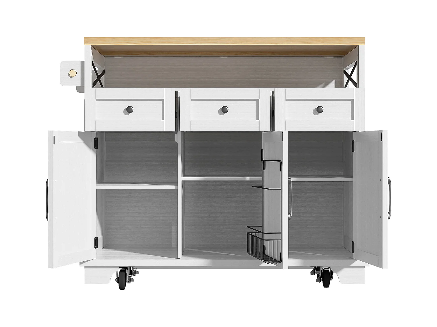 Îlot central blanc avec comptoir en grain de bois, 3 tiroirs de rangement et 3 portes