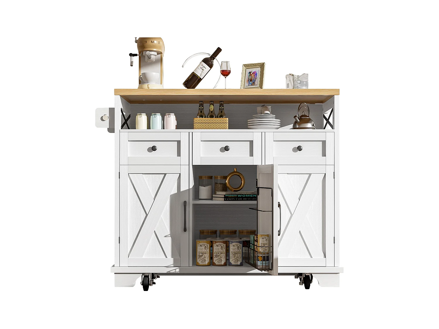 Îlot central blanc avec comptoir en grain de bois, 3 tiroirs de rangement et 3 portes