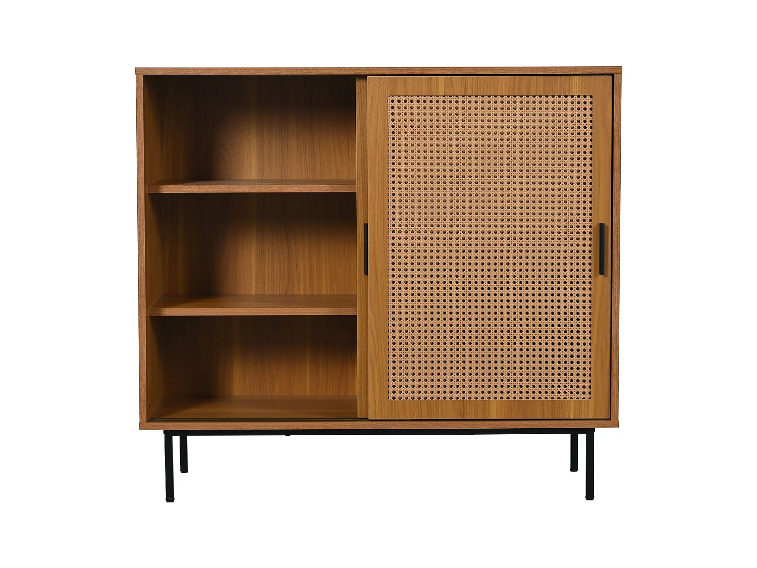 Buffet naturel avec 2 portes en rotin et étagères réglables - poignées et pieds noirs