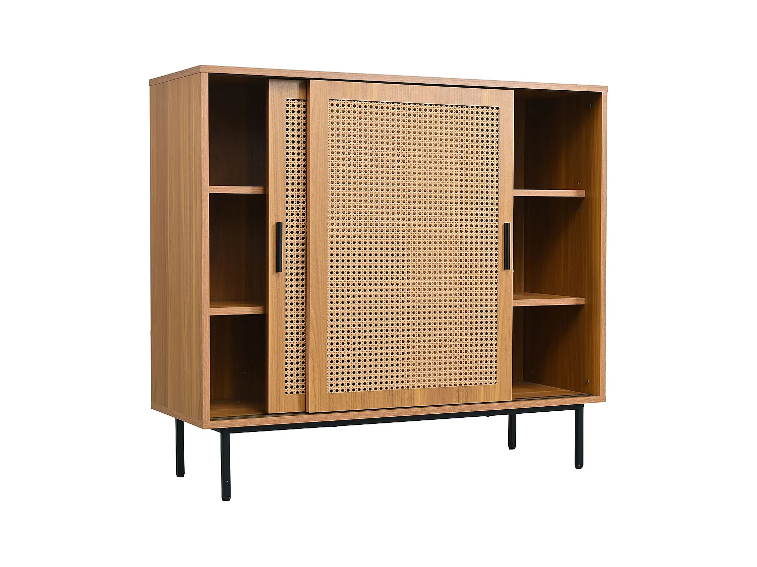 Buffet naturel avec 2 portes en rotin et étagères réglables - poignées et pieds noirs