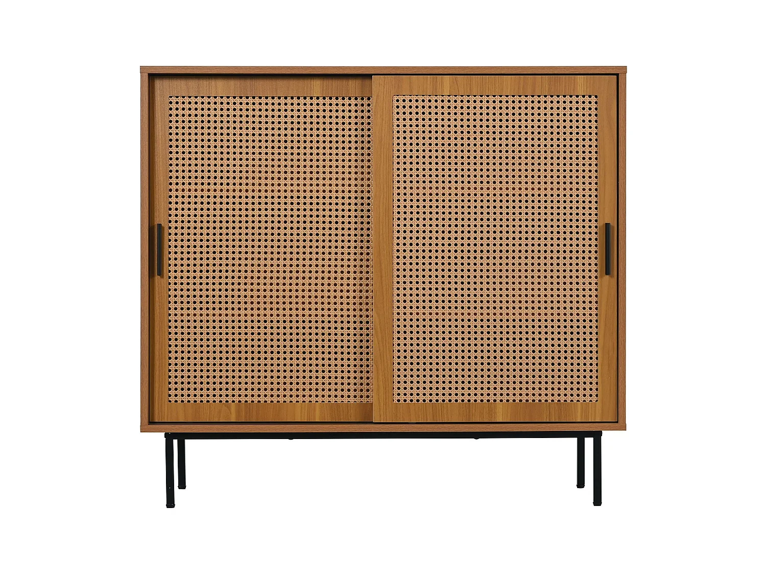 Buffet naturel avec 2 portes en rotin et étagères réglables - poignées et pieds noirs