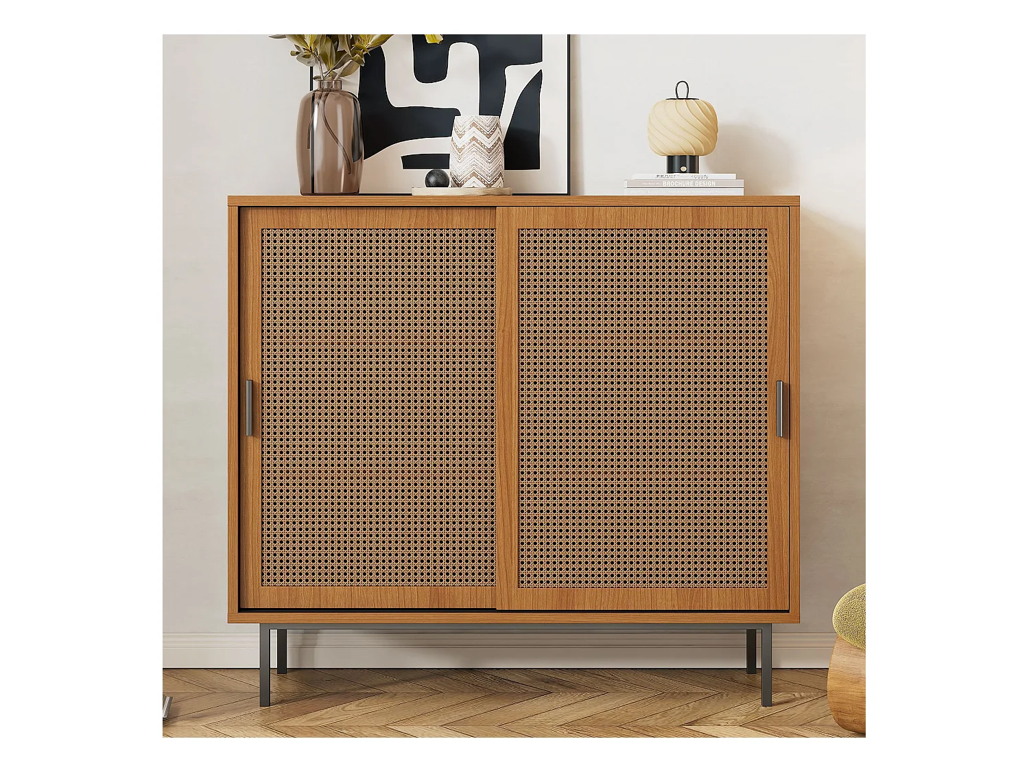 Credenza naturale con 2 ante in rattan e ripiani regolabili - maniglie e gambe nere