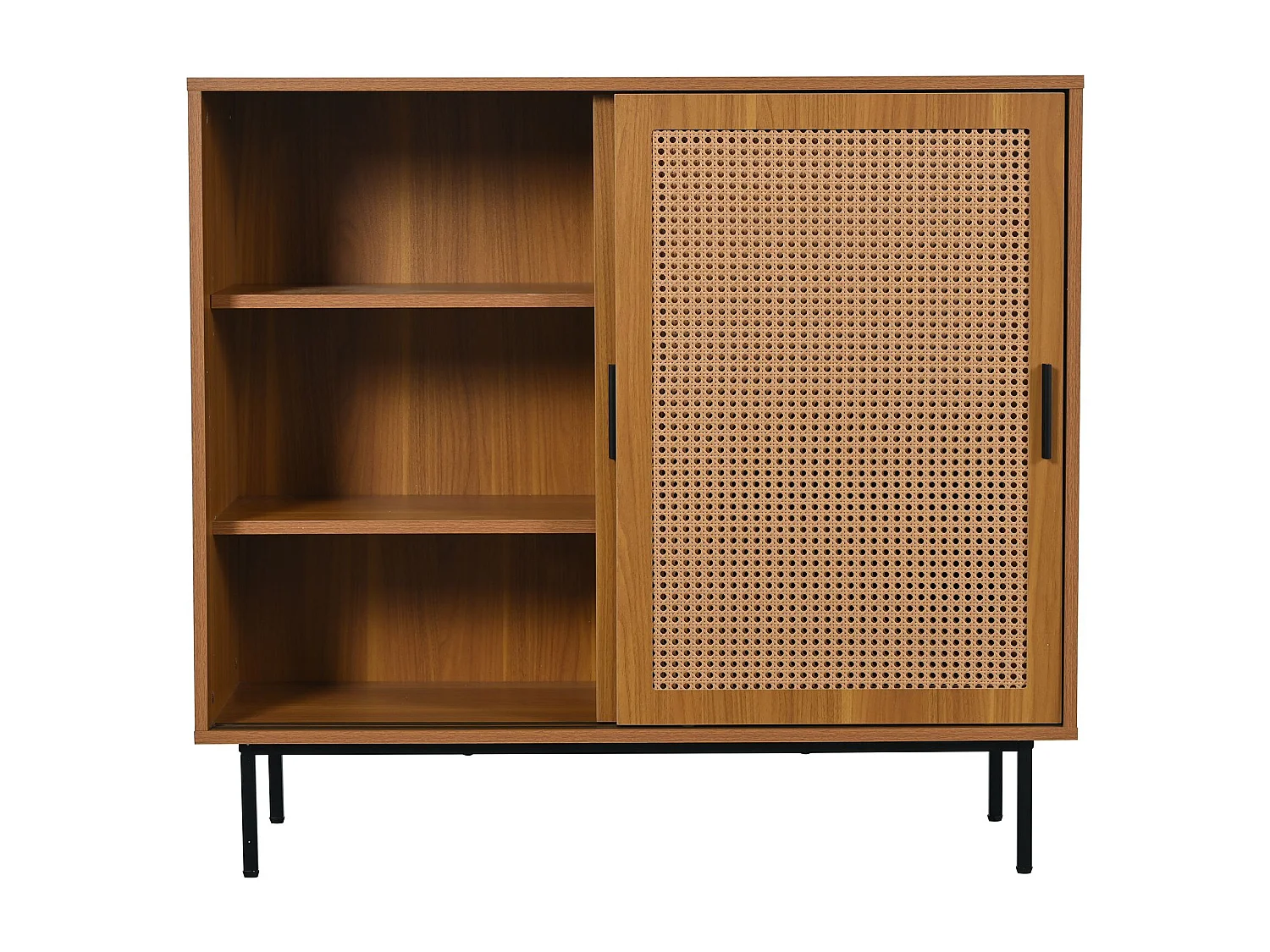 Naturalna komoda z 2 drzwiami z rattanu i regulowanymi półkami – czarne uchwyty i nogi